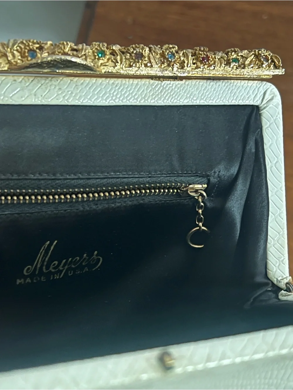 Vintage Meyers USA White Jeweled Frame Clutch Purse Mid Century